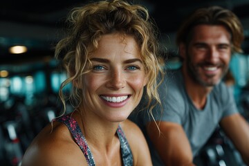 Gym Partners. A smiling woman and man, joy and energy, embodying fitness motivation and positivity. The image conveys health, teamwork, and active lifestyle.