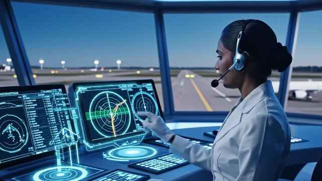 Professional female air traffic controller in a futuristic control tower monitoring aircraft with holographic displays, advanced radar and virtual interfaces for safe flight management
