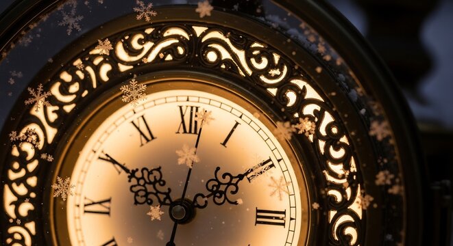 Antique clock face with Roman numerals ornate border dusted with snowflakes hands marking near 1210