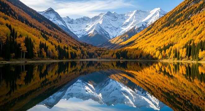 A scenic mountain valley with golden autumn foliage reflected in a calm lake and snow capped peaks
