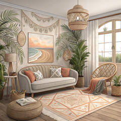Stylish bohemian living room with tropical plants, natural decor