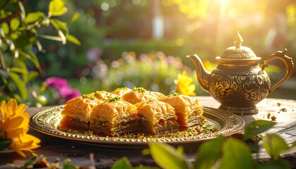 Golden baklava on an ornate platter beside a decorative teapot, all in sunlit garden setting
