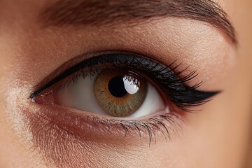 Obraz premium Macro close-up of a female eye with ultra-long lashes and precise black eyeliner