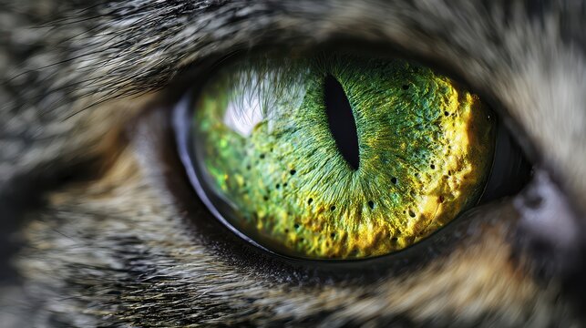Macro close-up of a cat's eye with emerald green and golden yellow iris