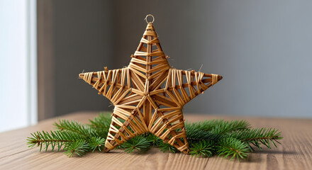 Rustic woven star ornament atop fresh green pine branches on a wooden surface