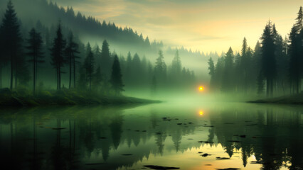 Naklejka premium Misty Morning at a Forest Lake With Trees and a Glowing Sun in the Background