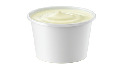 White cup holds creamy liquid close up of simple white cup containing thick cream