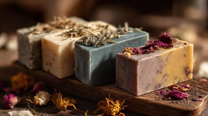 Macro photograph of artisanal soap blocks surrounded by fresh herbs and dried botanicals