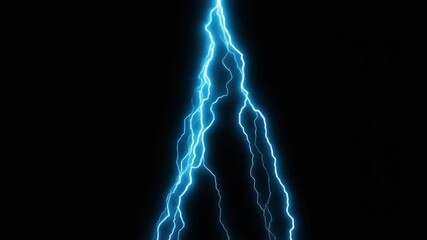 Vibrant blue lightning bolt striking downwards, a dramatic visual of electrical energy and thunderstorm power against a dark sky - Powered by Adobe