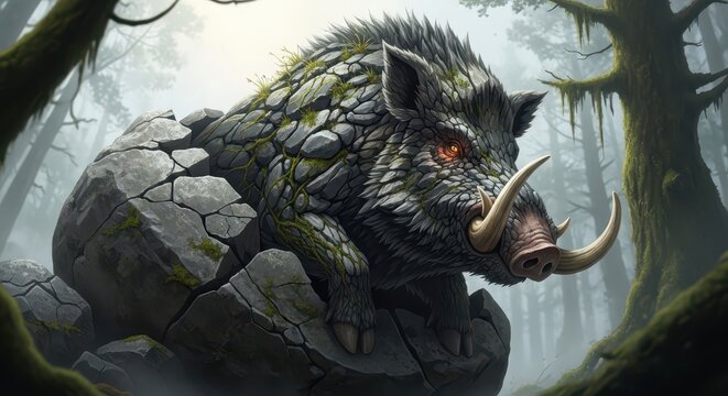 Mythical stone boar emerging from cracked boulder in misty woodland