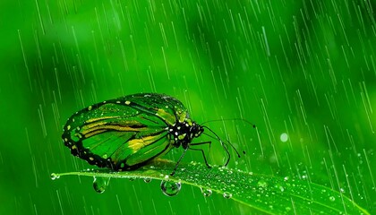 Green butterfly on wet leaf with heavy rain