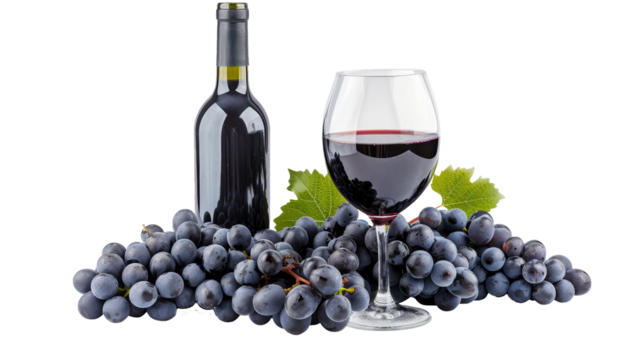 Elegant presentation  dark red wine glass, bottle, and grapes on transparent background