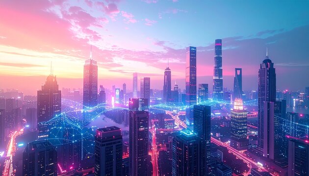 Smart megacity skyline connected by floating signal nodes, transparent skyscrapers displaying holographic ads, 3D data threads weaving across buildings, neon-pastel color scheme"