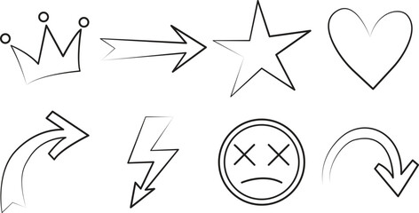 Hand drawn grunge elements crown arrow star and heart