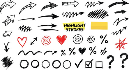 Collection of Hand Drawn Arrows and Symbols on White Background sign drawing