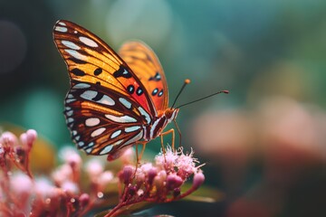 Obraz premium Macro shot of a delicate butterfly on a blossom with dewdrops and a blurred garden backdrop