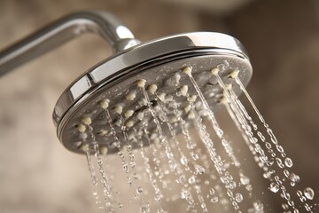 Macro shot of chrome shower head with cascading streams for a home water usage concept