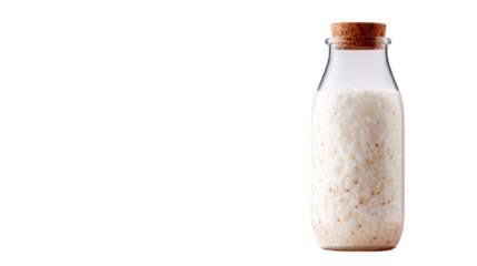 Bottle of milk corked stands ready to serve transparent bottle contains fresh dairy sealed with cork