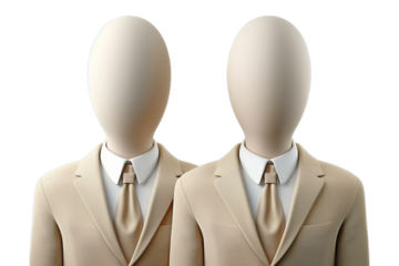 Two Identical Faceless Businessmen in Suits with White Shirts and Ties on transparent Background