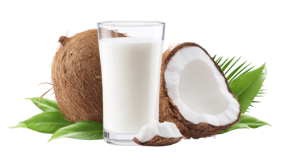 Coconut milk glass with fresh coconut half refreshing beverage alongside tropical fruit