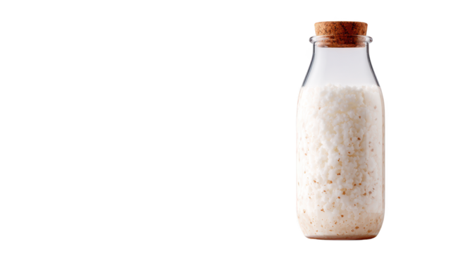 Bottle of milk corked stands ready to serve transparent bottle contains fresh dairy sealed with cork