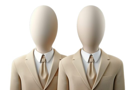 Two Identical Faceless Businessmen in Suits with White Shirts and Ties on transparent Background