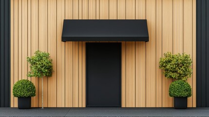 Wooden coffee shop with light oak paneling, a modern black awning, and cozy, intimate lighting