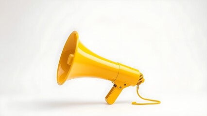 announcer. Shiny yellow megaphone with floating speech bubble on white background. event key visuals, club posters, designed for fitness apps and gym onboarding, used by sports marketers.