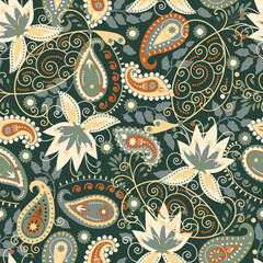 Traditional seamless Paisley floral hand-drawn pattern. Indian Kashmir ornament. Vector