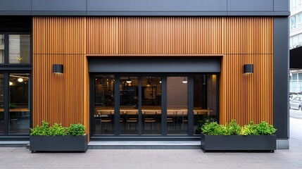 Contemporary wooden cafe with horizontal oak slats, a glass storefront, and minimalist outdoor seating