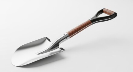 Metal Shovel with Wooden Handle on White Background for Gardening and Construction