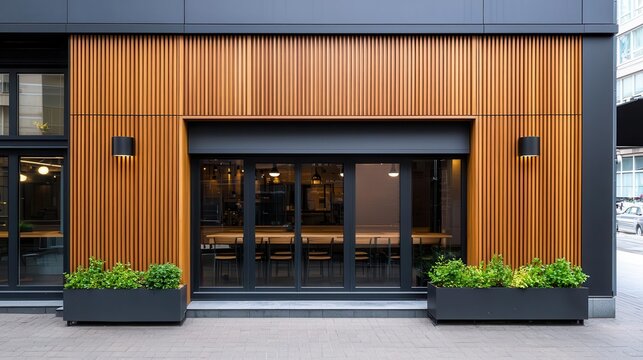 Contemporary wooden cafe with horizontal oak slats, a glass storefront, and minimalist outdoor seating