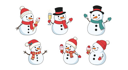 Charming collection of six cartoon snowmen characters wearing festive hats and scarves celebrating winter with ice cream and champagne.