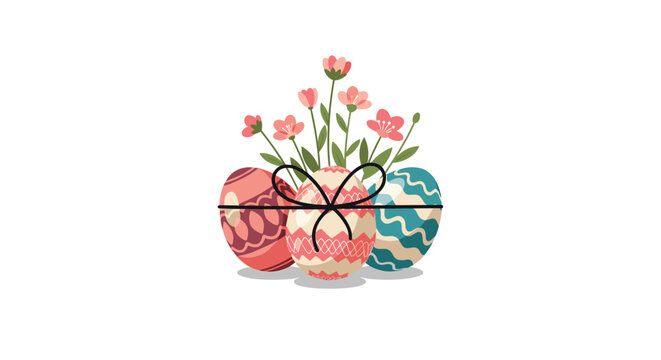 Three beautifully decorated easter eggs in pastel colors tied with a simple black ribbon with delicate pink flowers blooming from the center.
