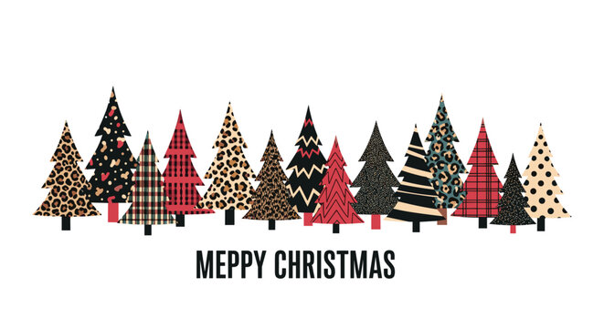 Modern merry christmas greeting card with a row of festive trees decorated in trendy animal prints plaid and geometric patterns.
