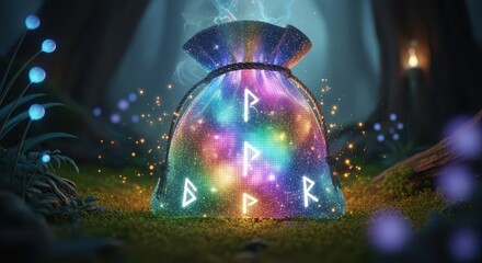 Glowing mystical pouch emanating vibrant cosmic energy rests upon mossy forest ground