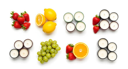 Fresh fruits and scented candles arranged in colorful combinations for relaxation and aroma