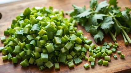 lovage. Freshly chopped lovage leaves on a rustic wooden cutting board, bright green color and texture. menu design, packaging mockups, designed for culinary blogs and recipe cards for restaurants.
