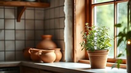 lovage. A potted lovage plant on a sunny windowsill in a rustic kitchen, warm and inviting atmosphere. gardening catalogs, home-decor guides, designed for home decor and floral branding.