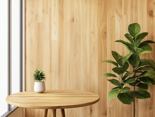 Stylish wooden coffee shop featuring polished cedar panels, soft golden lighting, and large open windows