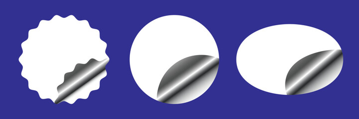 White curled corner sticker set with scalloped, round, and oval shapes on blue background