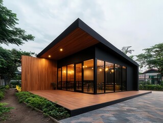 Elegant wooden coffee shop exterior with warm teak paneling, a stone pathway, and integrated soft lighting
