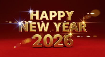 Gleaming golden 'happy new year 2026' text, luxurious red velvet backdrop