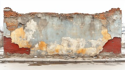 Damaged exterior brick wall of a typical russian building: full front elevation showing extensive deterioration