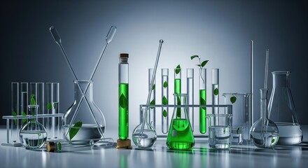 Scientific laboratory table with intricate equipment and green liquid in flasks, symbolizing the origin of plants