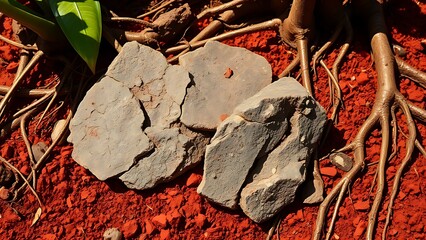 bauxite. Chunks of reddish ore embedded in soil with tropical plant roots. safety posters, maintenance manuals, designed for industrial assembly lines and welding operations.