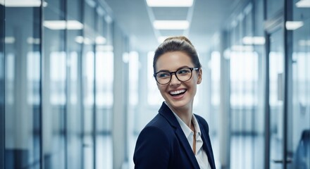 Young happy pretty smiling professional business woman, happy confident positive female entrepreneur in the office