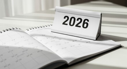 Detailed realistic photo: 2026 desk calendar notepad planning
