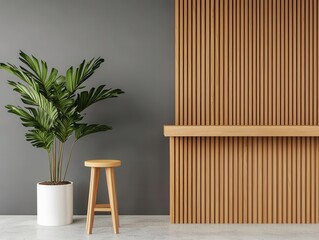 Chic wooden coffee shop with warm brown wood tones, minimalist branding, and subtle lighting accents