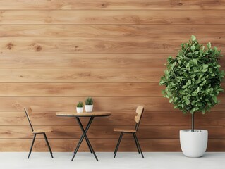 Chic wooden coffee shop featuring smooth walnut paneling, minimalist branding, and a stylish patio area